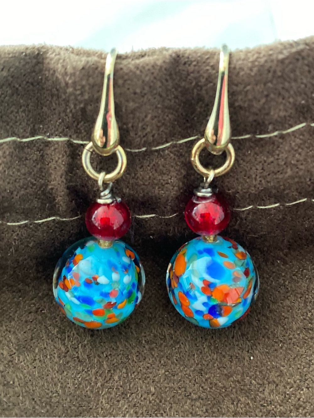 NWT Murano Glass Blue Multicolor and Red Bead 18K Gold Hook Earrings - Picture 3 of 7